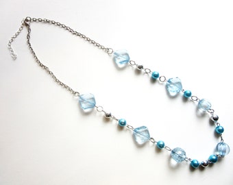 Long Retro Lucite Bead Necklace Translucent Ice Blue Faceted Beads & Metallic Beads  27  - 29.5 Inches
