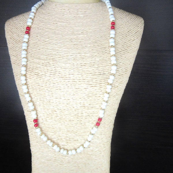 Milk Glass Beaded Necklace Red & White Single Strand 22 Inches