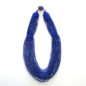 Long Multistrand Torsade Necklace 18 Strands Cobalt Blue Glass Beads Ornate Clasp - 26 Inches