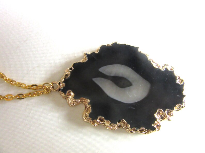 Agate Slice Pendant Necklace Black Geode Gold Plated Edge with Goldtone Chain 31-34 Inches Unisex