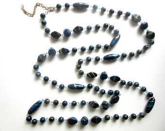 Extra Long Lucite Necklace Flapper Style Dark Blue Beads Gold Abstract Markings Single Strand Metal Strung 61 - 65 Inches