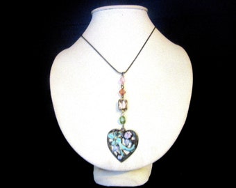 Art Nouveau Style Pendant Necklace Pewter Tone Heart Pink & Blue Enamel with Faceted Lucite and Rhinestone Beads 16- 18 Inches