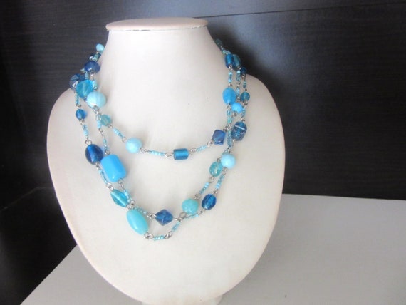 Extra Long Necklace Blue Venetian Glass Beads Sin… - image 6