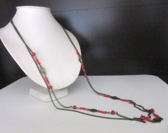 Long Flapper Style Necklace Bronze Tone Double Strand Tiny Red Beads & Leaves 32 - 34 Inches