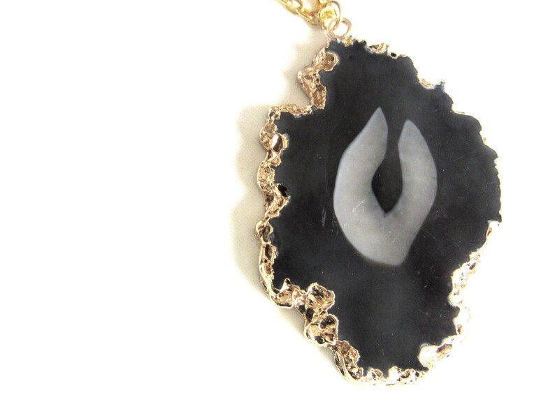 Agate Slice Pendant Necklace Black Geode Gold Plated Edge with Goldtone Chain 31-34 Inches Unisex