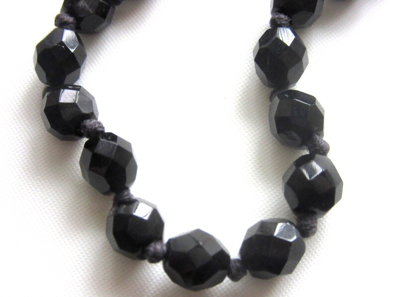 Deco French Jet Necklace Mourning Jewelry Faceted Black Glass Beads Individually Hand Knotted 26 Inches