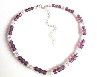 Crystal Bead Necklace or Choker Purple Amethyst Color 14.5 - 18 Inches