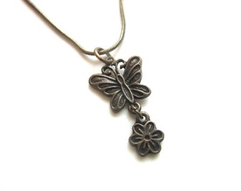 Butterfly & Flower Pendant Necklace Antiqued Bronze Tone 20 - 22 Inches