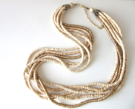 Long Wood Bead Necklace Multi Strand Torsade Neut… - image 1