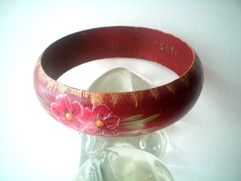 Wood Bangle Hand Painted Wine Red /& Gold Flowers