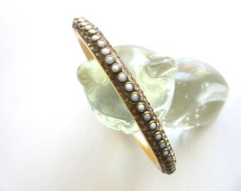 Art Deco Bangle Seed Pearls Moonglow Lucite & Crystals Size Large