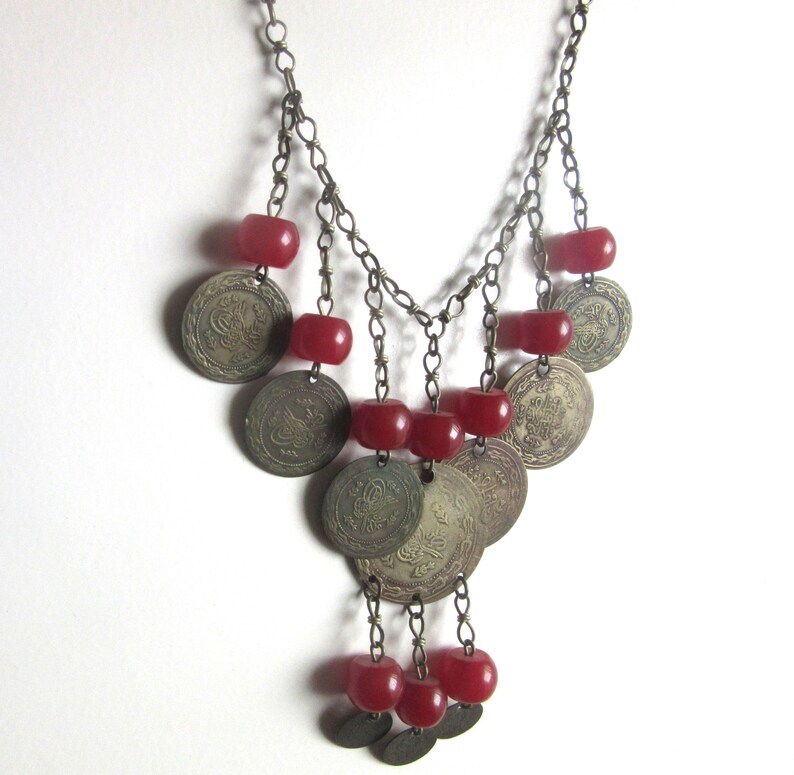 Middle Eastern Silver Coin Pendant Necklace with Cherry Amber Bakelite Beads Yemen Afgan Berber Tribal Gypsy