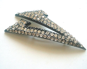 Deco Black Celluloid Brooch Geometric with Clear Rhinestones