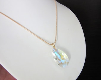 Glass Teardrop Pendant Necklace Aurora Borealis & Gold Plated Snake Chain 17 - 20 Inches