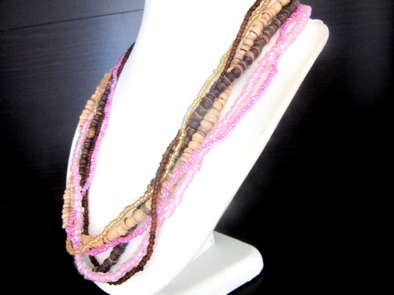 Glass & wood Bead Necklace Multistrand Pink Brown… - image 3