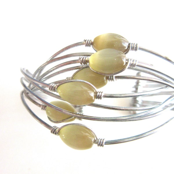 Cat Eye Cuff Bangle Sterling Silver Wire Moonglow Lucite Buttercup Yellow Beads