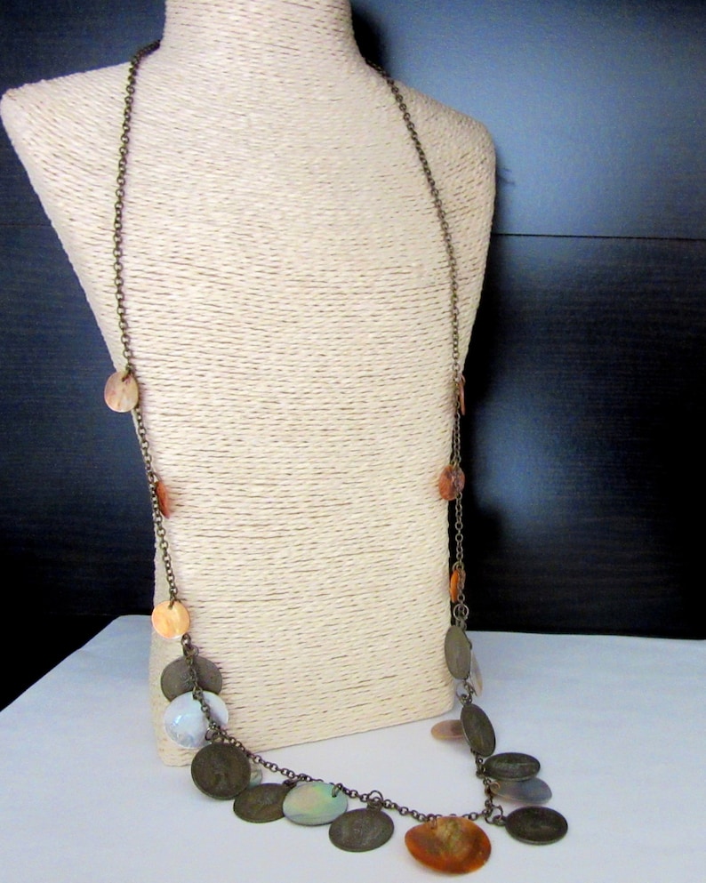 Extra Long Coin Charm Necklace Gypsy Boho Flapper Style with Mother of Pearl Shell Discs Bronze Tone Metal Strung 30-33 Inches