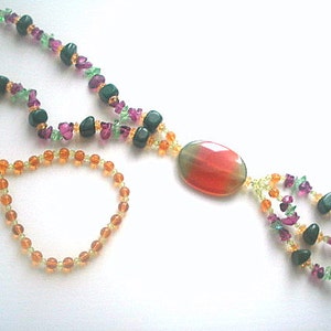 Long Tassel Necklace Pendant All Glass Beads Brown Green & Purple Colors 27 Inches