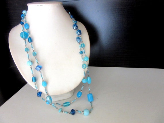 Extra Long Necklace Blue Venetian Glass Beads Sin… - image 4