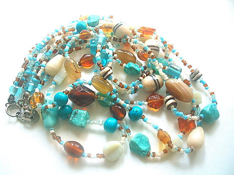 Multistrand Glass Bead Necklace with Turquoise Chips 16-23 Inches