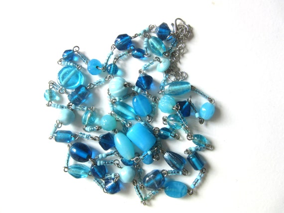 Extra Long Necklace Blue Venetian Glass Beads Sin… - image 2