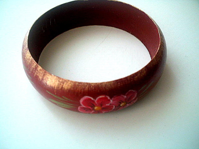 Wood Bangle Hand Painted Wine Red /& Gold Flowers
