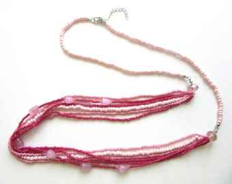 Extra Long Necklace Torsade Glass & Cat Eye Beads Multistrand 34 - 36.5  Inches