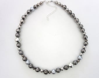 Metallic Bead Necklace Silver & Dark Pewter Tone Colors 18 - 20.5 Inches