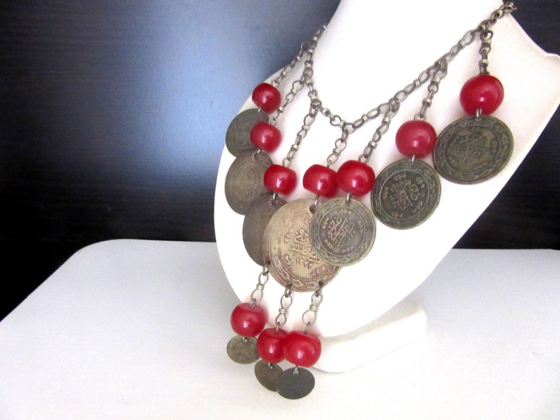 Middle Eastern Silver Coin Pendant Necklace with Cherry Amber Bakelite Beads Yemen Afgan Berber Tribal Gypsy