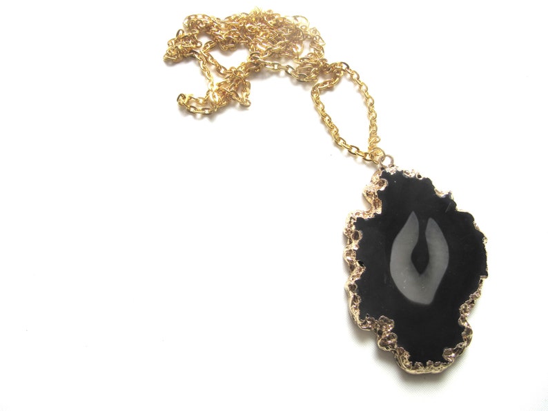 Agate Slice Pendant Necklace Black Geode Gold Plated Edge with Goldtone Chain 31-34 Inches Unisex