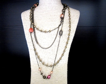 Extra Long Flapper Necklace Illusion Style Pearl & Bronze Tone Beads 78 Inches Single Strand