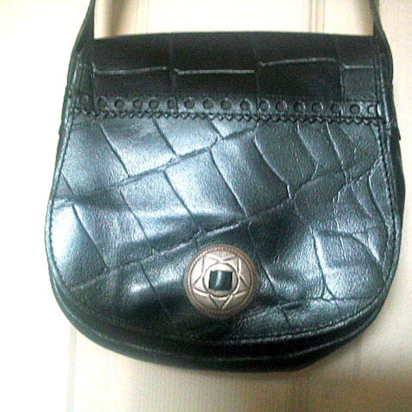 Small Black Leather Shoulder Bag Alligator Crocodile Print