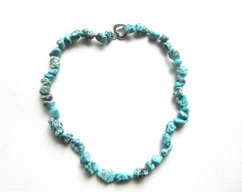 Natural Turquoise Nugget necklace Chunky Beads Tibetan Silver Heart Toggle Clasp Boho Casual Unisex 18 Inches