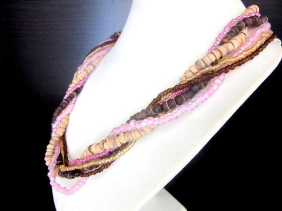 Glass & wood Bead Necklace Multistrand Pink Brown… - image 7