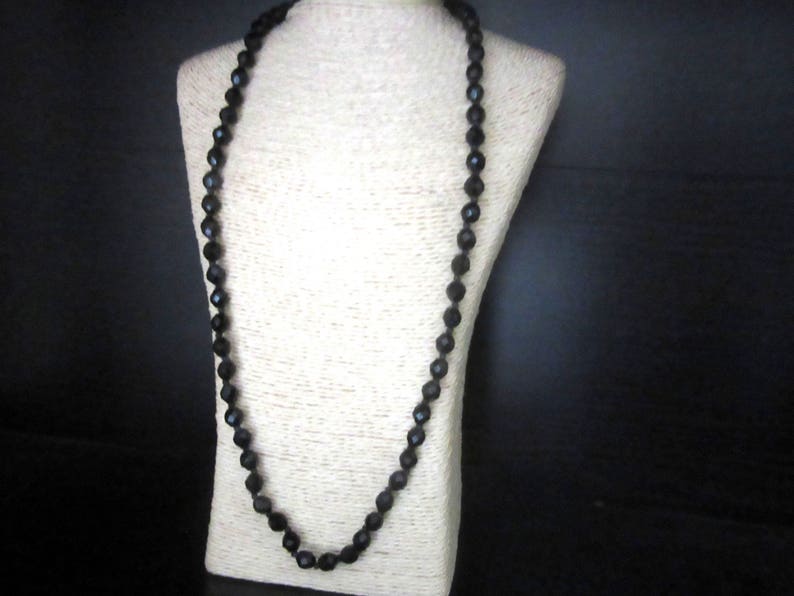Deco French Jet Necklace Mourning Jewelry Faceted Black Glass Beads Individually Hand Knotted 26 Inches