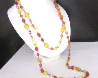 Long Glass Beaded Necklace Metal Strung Chartreuse & Coral Red Colors Single Strand Gatsby Flapper Deco 46 - 48 Inches