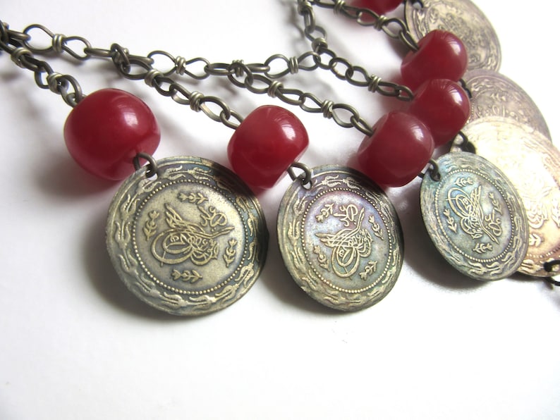 Middle Eastern Silver Coin Pendant Necklace with Cherry Amber Bakelite Beads Yemen Afgan Berber Tribal Gypsy