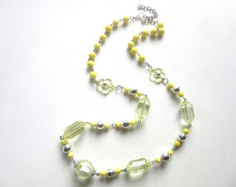 Long Necklace Faceted Lucite & Glass Beads Metal Strung Yellow Clear and Silver Colors 28 - 30 Inches