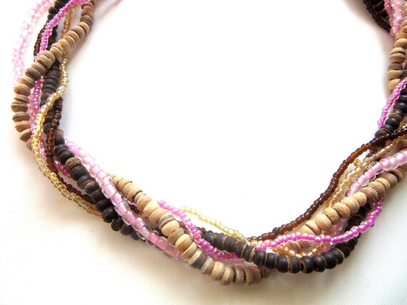 Glass & wood Bead Necklace Multistrand Pink Brown… - image 8