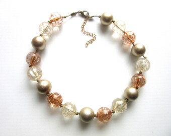 Chunky Crackle Lucite Necklace Pink Champagne Clear & Gold Beads 16 - 18.5 inches