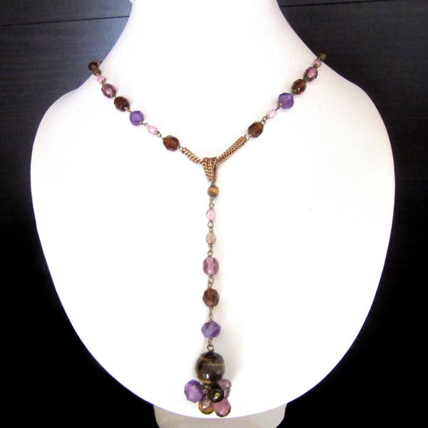 Multi Gemstone Y Necklace Pendant Made In Italy by Dellini Faceted Amethyst Tiger Eye and Pink & Brown Tourmaline 18 Inches