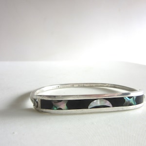 Slim Sterling Silver Taxco Bangle Abalone Shell Moon & Stars Made In Mexico  Size Small / Medium