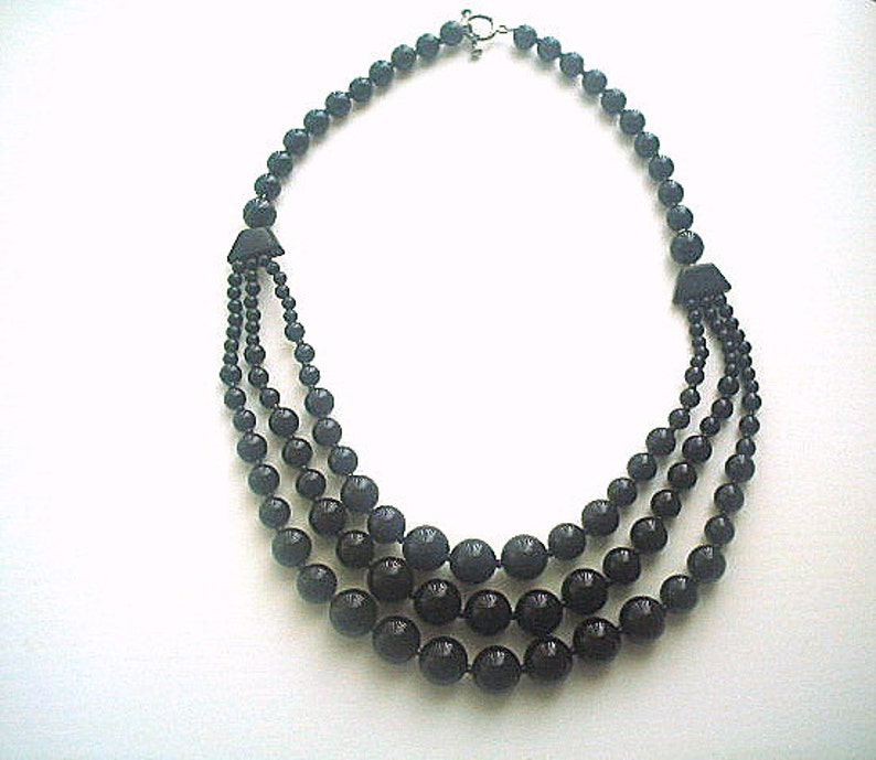 Black Glass Bead Necklace Triple Strand 18 Inches - Etsy