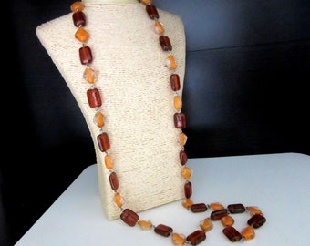 Extra Long Necklace Art Glass Beads Metal Strung Brick Red Coral Peach & Clear Colors 38 - 40 Inches