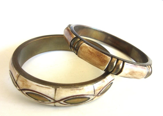 Two Brass Bangles Retro Boho 1970s - image 4