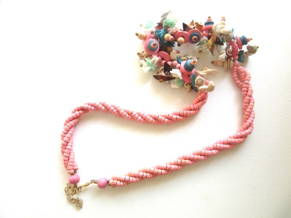 Long Sea Shell Necklace Braided Wood Beads Bubble… - image 5