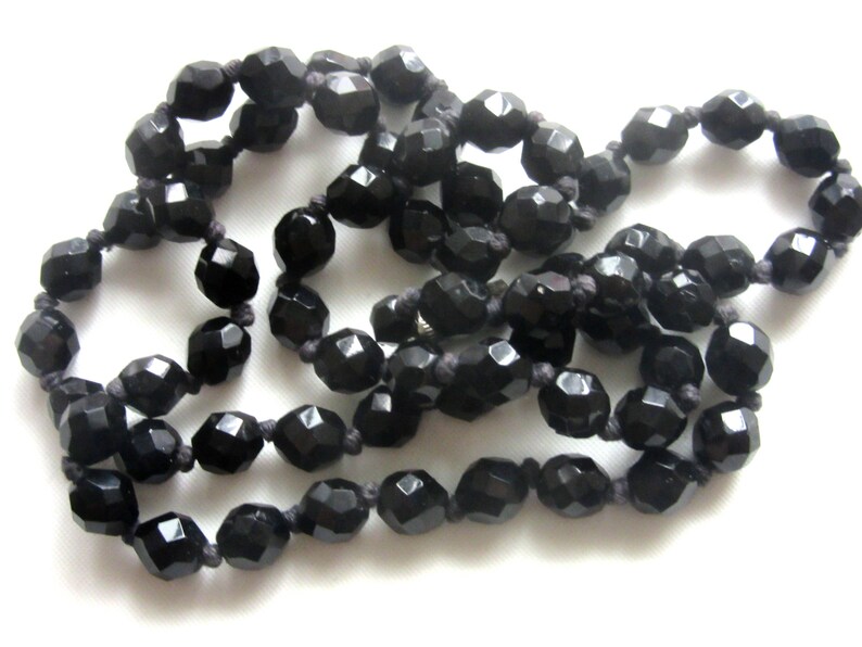 Deco French Jet Necklace Mourning Jewelry Faceted Black Glass Beads Individually Hand Knotted 26 Inches