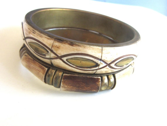 Two Brass Bangles Retro Boho 1970s - image 3