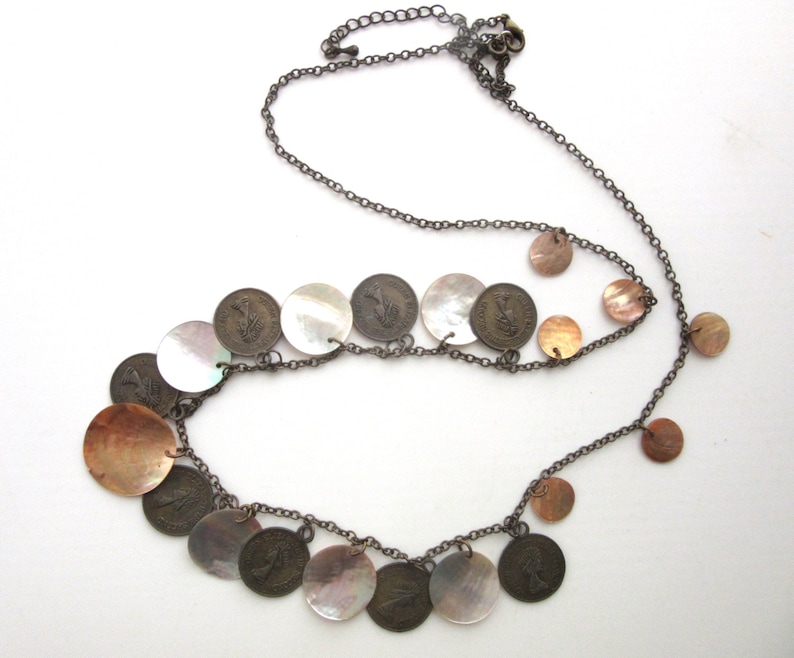 Extra Long Coin Charm Necklace Gypsy Boho Flapper Style with Mother of Pearl Shell Discs Bronze Tone Metal Strung 30-33 Inches
