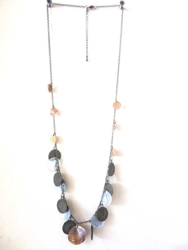 Extra Long Coin Charm Necklace Gypsy Boho Flapper Style with Mother of Pearl Shell Discs Bronze Tone Metal Strung 30-33 Inches